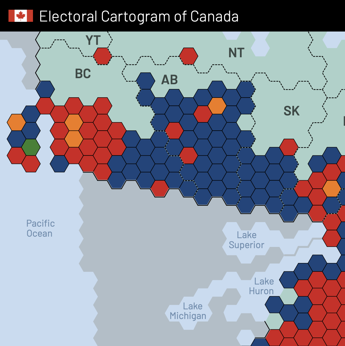 The Electoral Cartogram of Canada: western Canada’s ridings drawn as identically sized hexagons, coloured by winning party