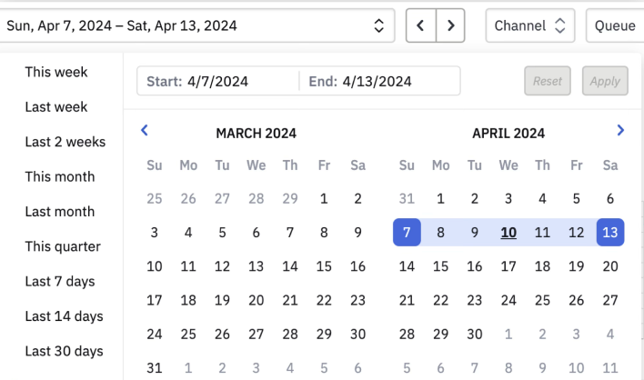 A custom date range picker with quick presets like This week and Last month beside a two-month calendar