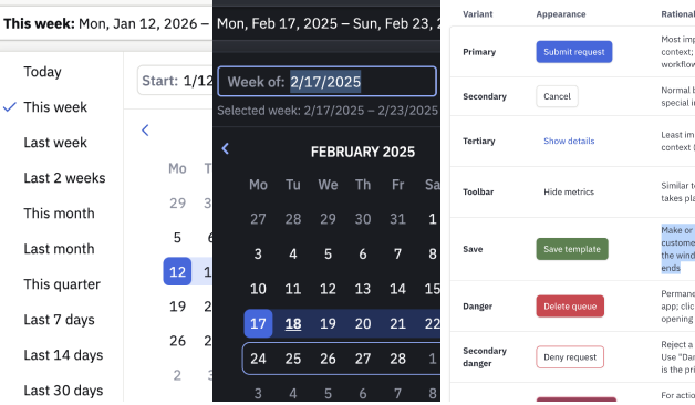 Screenshots of the Assemblage design system: date range picker components
      and button variants
