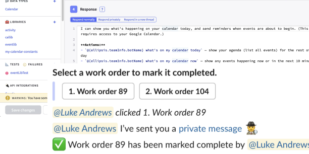 Screenshot of an Ellipsis conversational workflow marking work
      orders complete