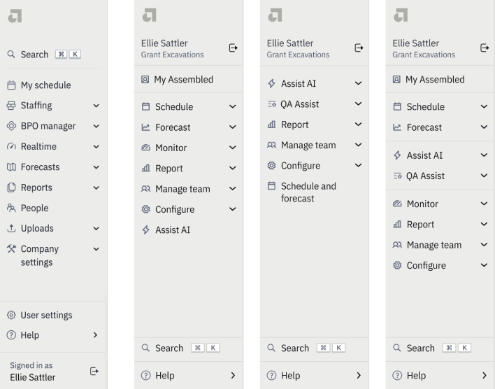 Four sidebar navigation iterations, from the crowded before state to an adaptive and simplified after